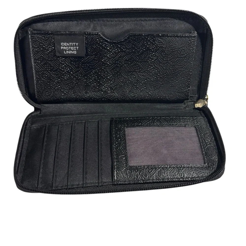 Tahari Black Floral Embossed Leather Double Zipper‎ Wallet 8x4”